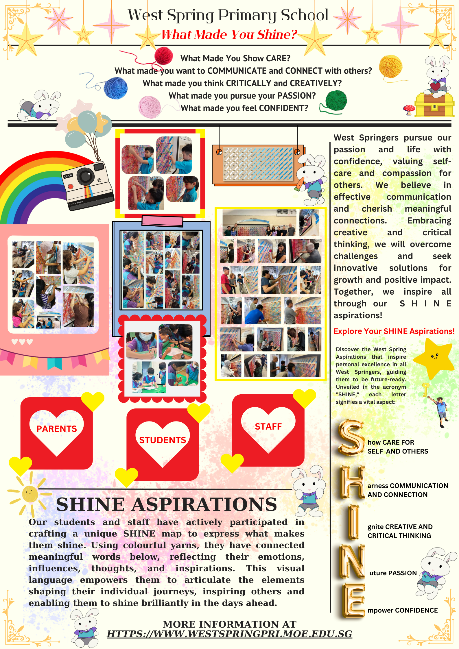 West Spring Primary School colorful SHINE Aspirations flyer with student photos, yarn art activity, and school values text.